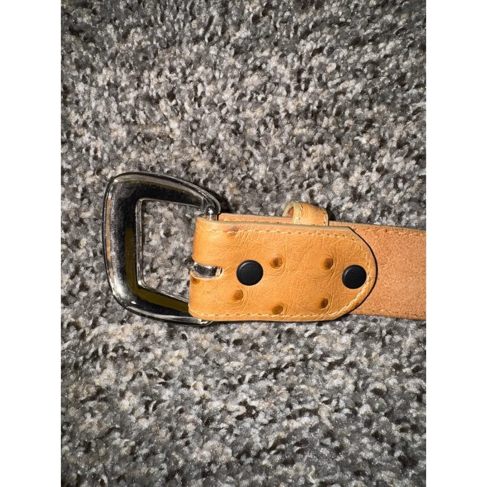 Tony Lama Mens 42 Tan Ostrich Print Leather Western Belt Silver Engraved Buckle